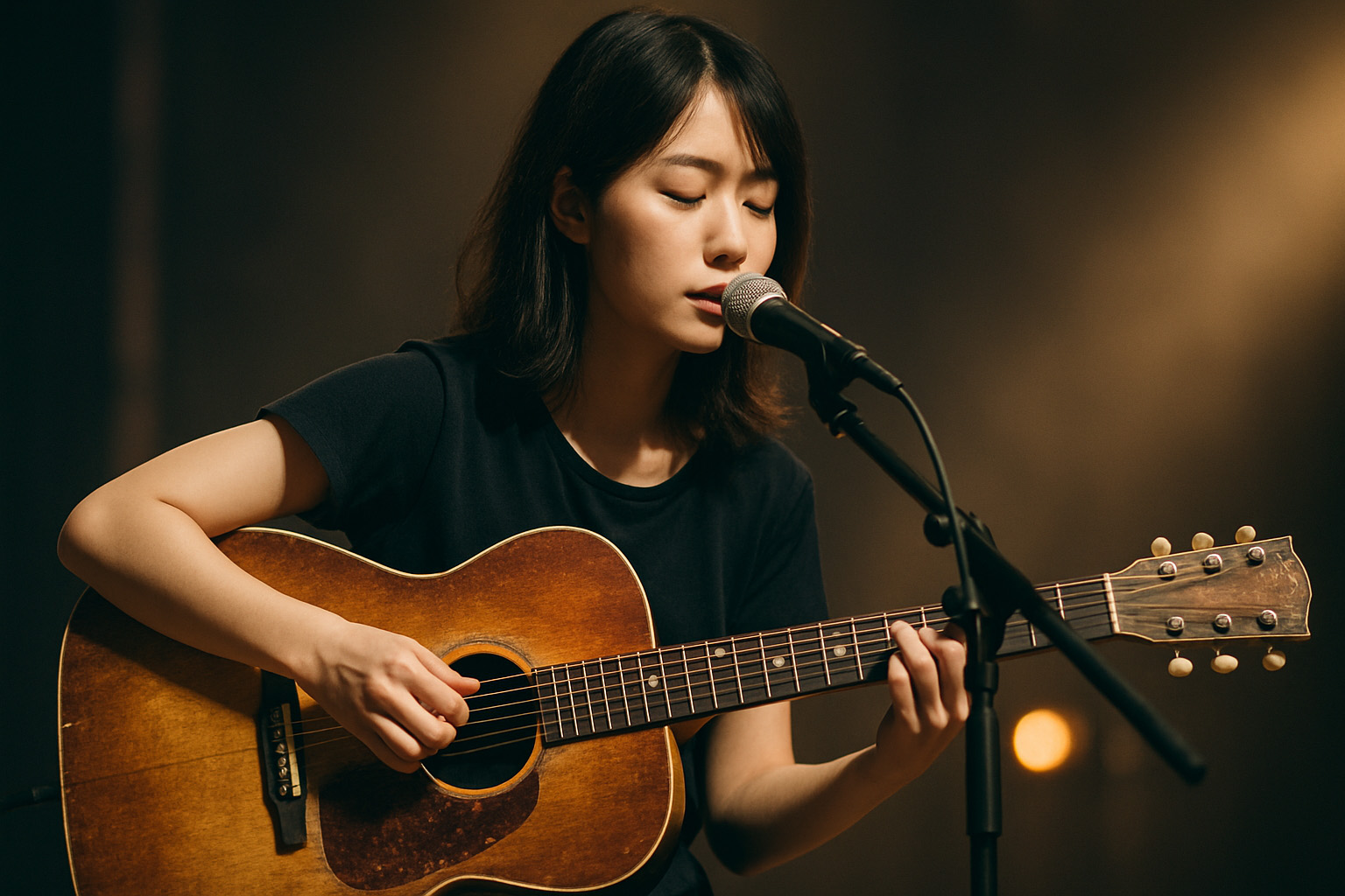 ステージでヴィンテージアコースティックギターを弾きながら静かに歌うギタリスト