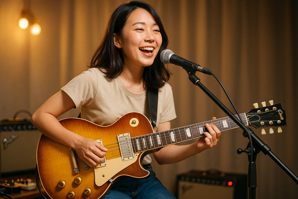 1950年代製Gibson Les Paul風のギターを演奏しながらステージで歌う女性シンガー
