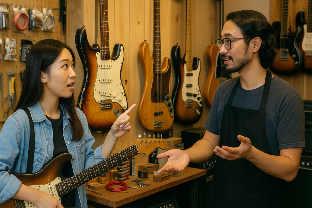 ヴィンテージギターの価格上昇背景を探る若い女性ギタリストと店員のやり取り