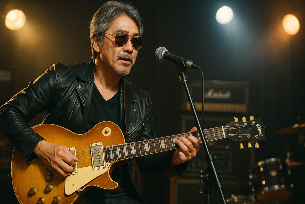 ヴィンテージギター市場の将来性を象徴するように演奏する初老のギタリストの様子