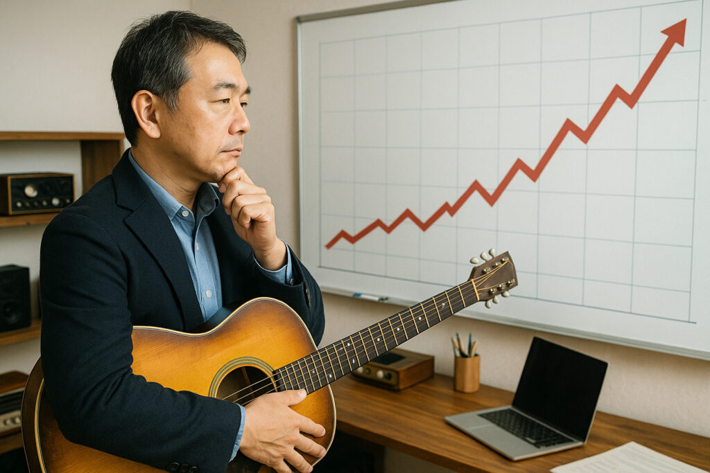 ヴィンテージギターの価格上昇をグラフで確認し、将来の価値を予想する中年の投資家