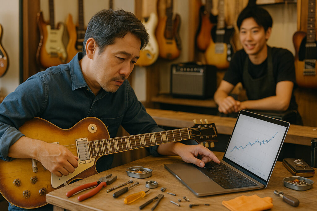 ヴィンテージギターの価格推移をチェックして購入タイミングを検討するギタリスト