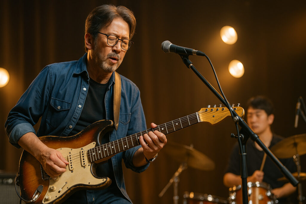 ヴィンテージストラトキャスター風ギターを熱演する中年ギタリストのステージ