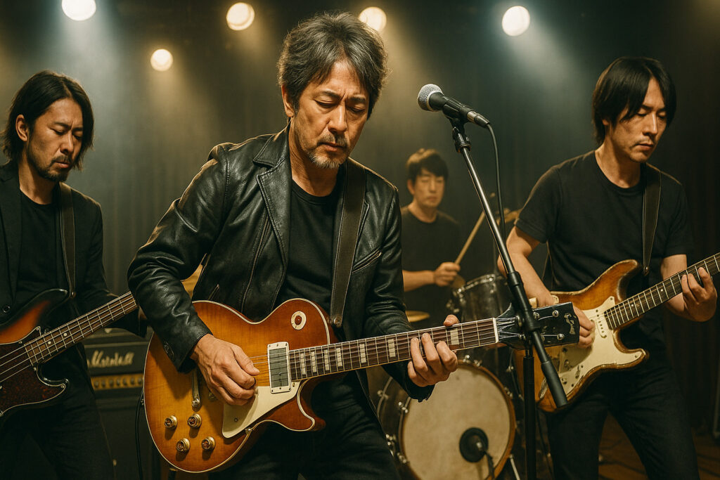 ヴィンテージギターを使い演奏する日本人バンドメンバーのステージ