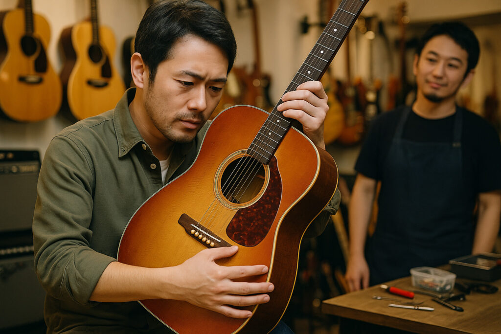 ヴィンテージギター購入前に木材の状態や摩耗具合を入念に確認する若手ギタリスト