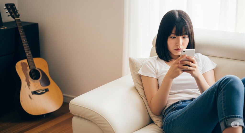 現代的なリビングで、若い女性がスマホに夢中になっている。その傍らには、部屋の隅に置かれ、興味を持たれていない様子のヴィンテージギターがある。