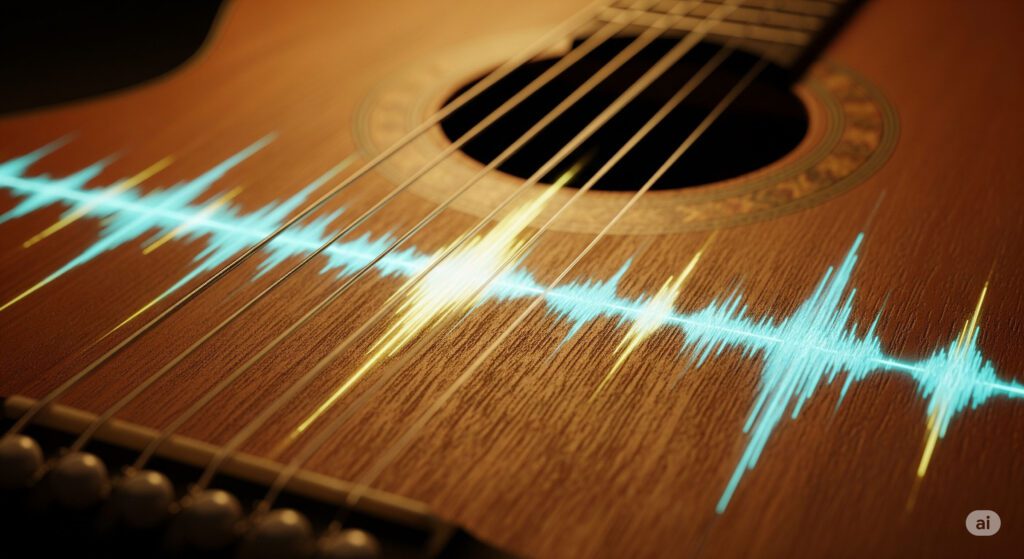 ヴィンテージギターの美しい木目を背景に、鮮やかな青と黄色の音の波形が共鳴し、ギターの弦が振動している様子を抽象的に表現。長年弾き込まれたギターの豊かな響きと、その音色の良さを視覚的に捉えたイメージ