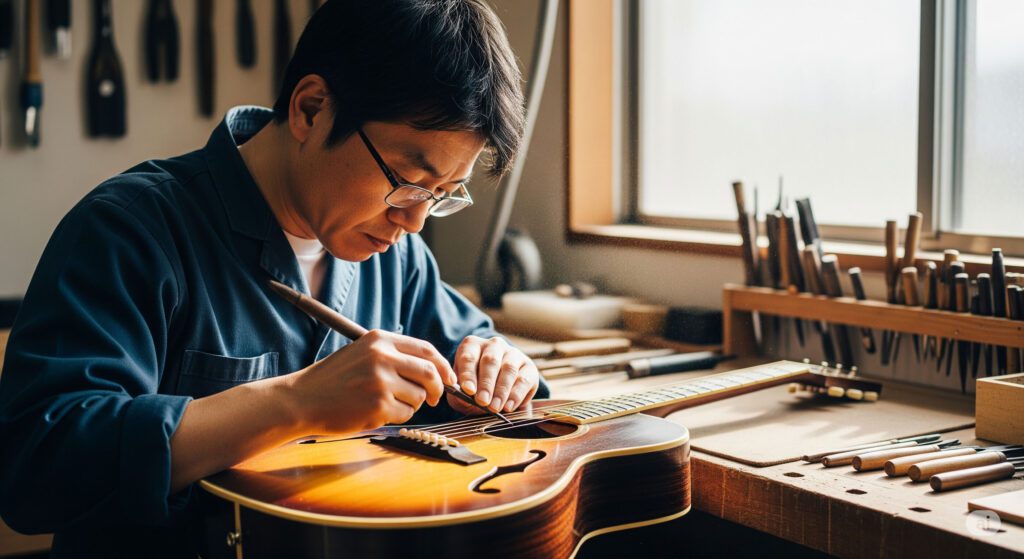 明るい自然光が差し込む工房で、熟練した様子の職人が、丁寧にヴィンテージギターの調整を行っている手元のクローズアップ。使い込まれたギターのボディに職人の技術が注ぎ込まれ、再び命が吹き込まれていく様子を捉えたイメージ