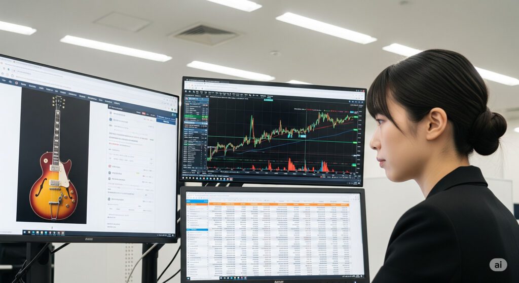 マルチモニターで、ヴィンテージギターの価格推移を分析する投資家。オークションサイトや複数のグラフを同時に確認している。