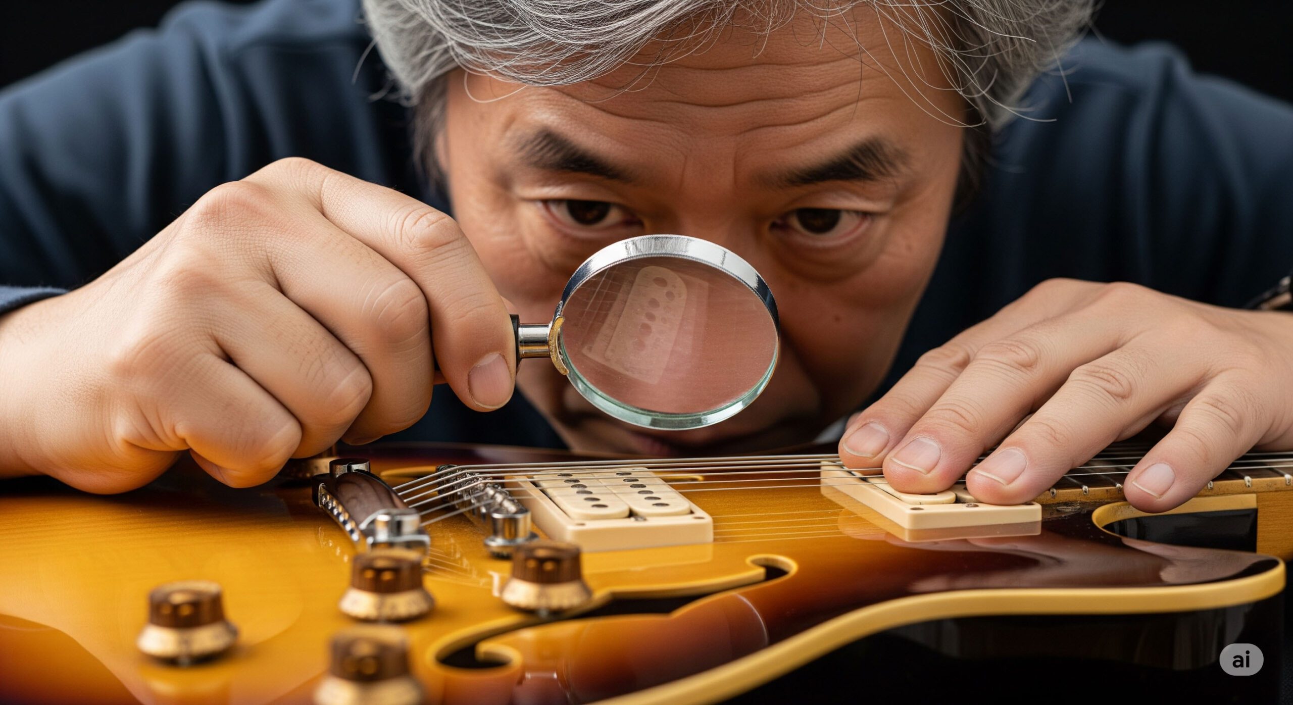 虫眼鏡を使ってヴィンテージギターのボディを詳細に調べる人物。ギターの価値や状態に関する誤解を分析する、という記事のテーマを象徴している。