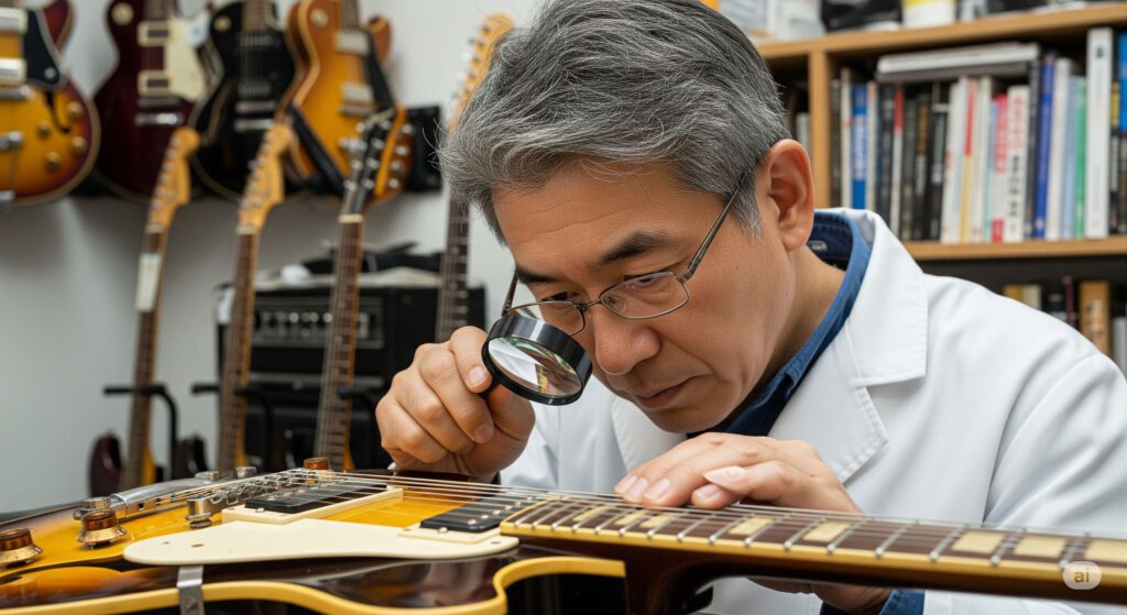 ヴィンテージギターの専門家が、虫眼鏡を手にギターの細部を真剣な表情で鑑定している。背景には専門書や他のギターが並び、専門知識に基づき価値が評価される様子がわかる。