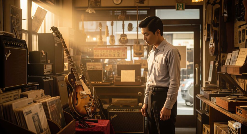1960年代の楽器店。若い男性ギタリストが、価値の高い50年代のヴィンテージエレキギターを憧れの眼差しで見ている。