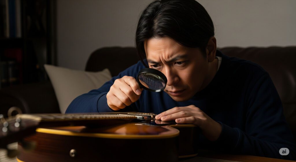購入したヴィンテージギターの隠れた瑕疵を見つけ、落胆する人物。偽物やコンディションに関する投資リスク。