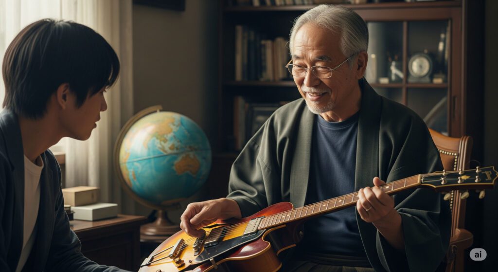 年配のコレクターが若者にヴィンテージギターを教える様子。世代交代と安定した市場の将来性を表現している。