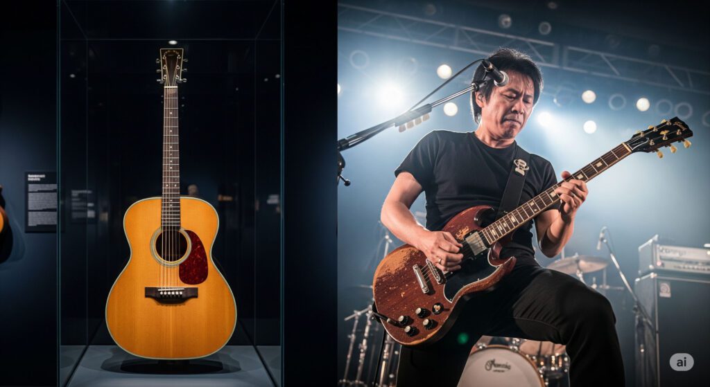 左側にはケースに飾られた投資用ギター、右側ではステージで演奏されるギター。目的によるギターの扱いの違い。