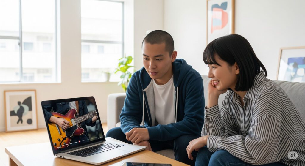 現代的な部屋で、友人同士がノートパソコンを見ている。画面のギタリストがきっかけで、ヴィンテージギターへの関心が高まる様子。