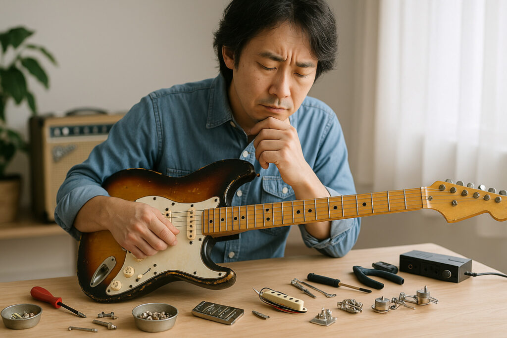 ヴィンテージギターの価値を見極めようと慎重にチェックする中年男性ギタリストの様子