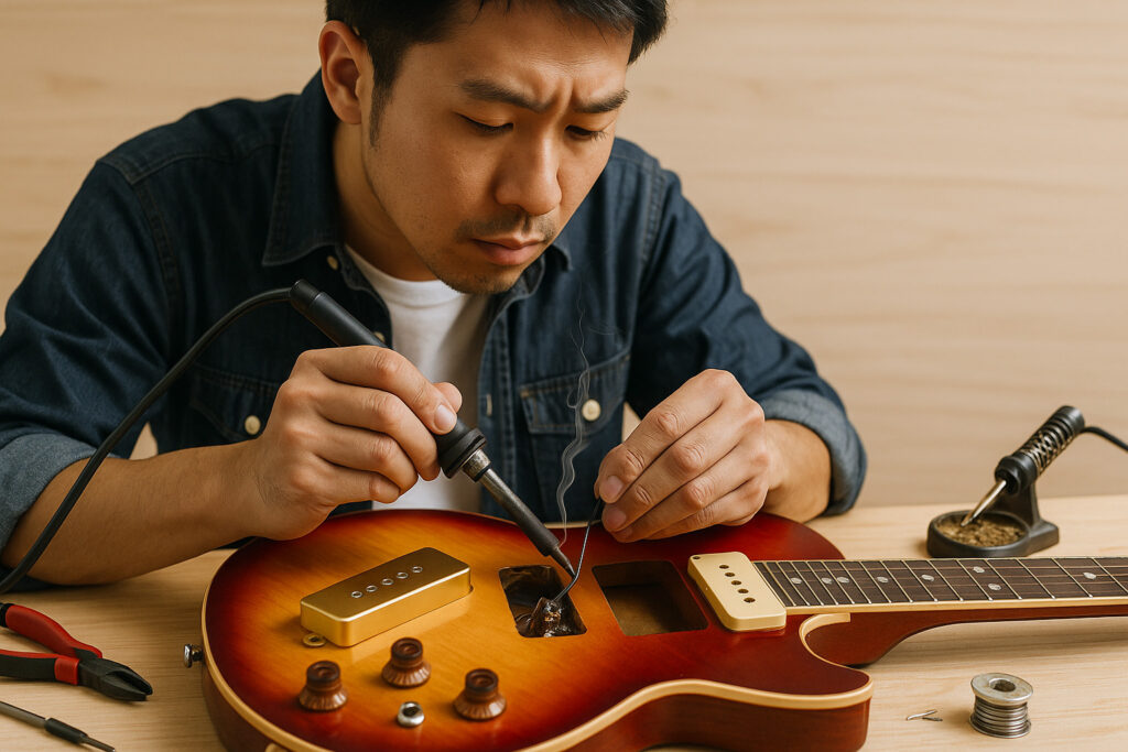 P90ピックアップの取り付け中に慎重に作業するギター修理職人の様子
