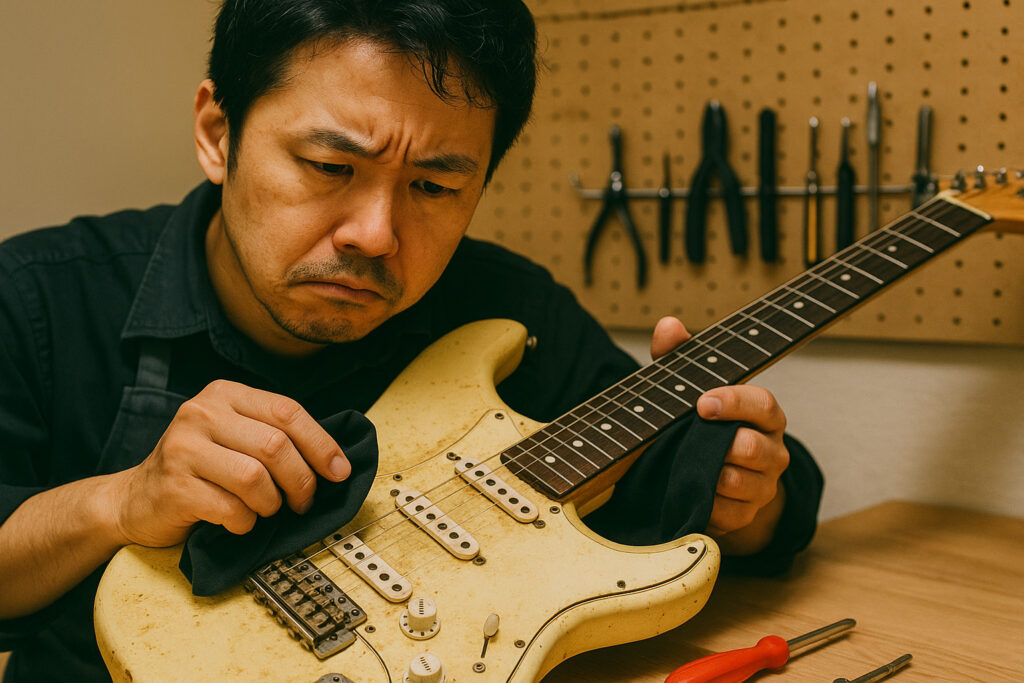 ヴィンテージギターの状態を把握しながら慎重にクリーニングする日本人ギタリスト