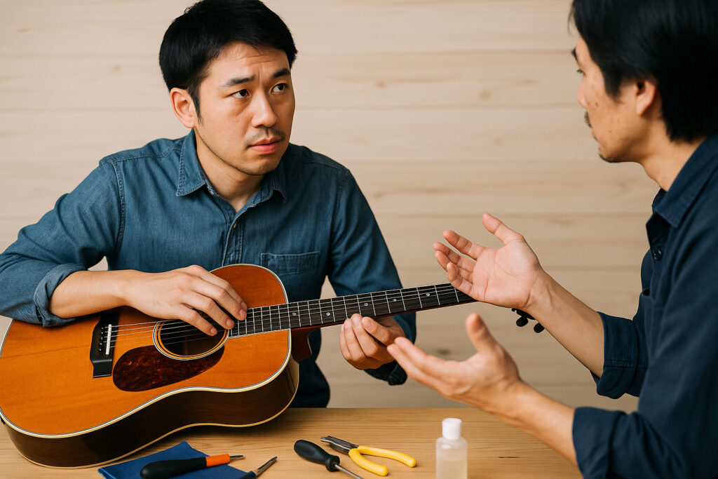 修理後のメンテナンス方法についてリペアマンの説明を受けるギタリストの様子