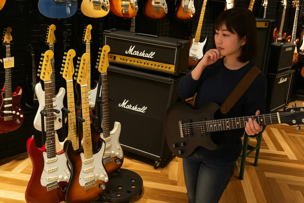 楽器店でギターを試奏しながら、真剣に他のギターと見比べる女性の様子