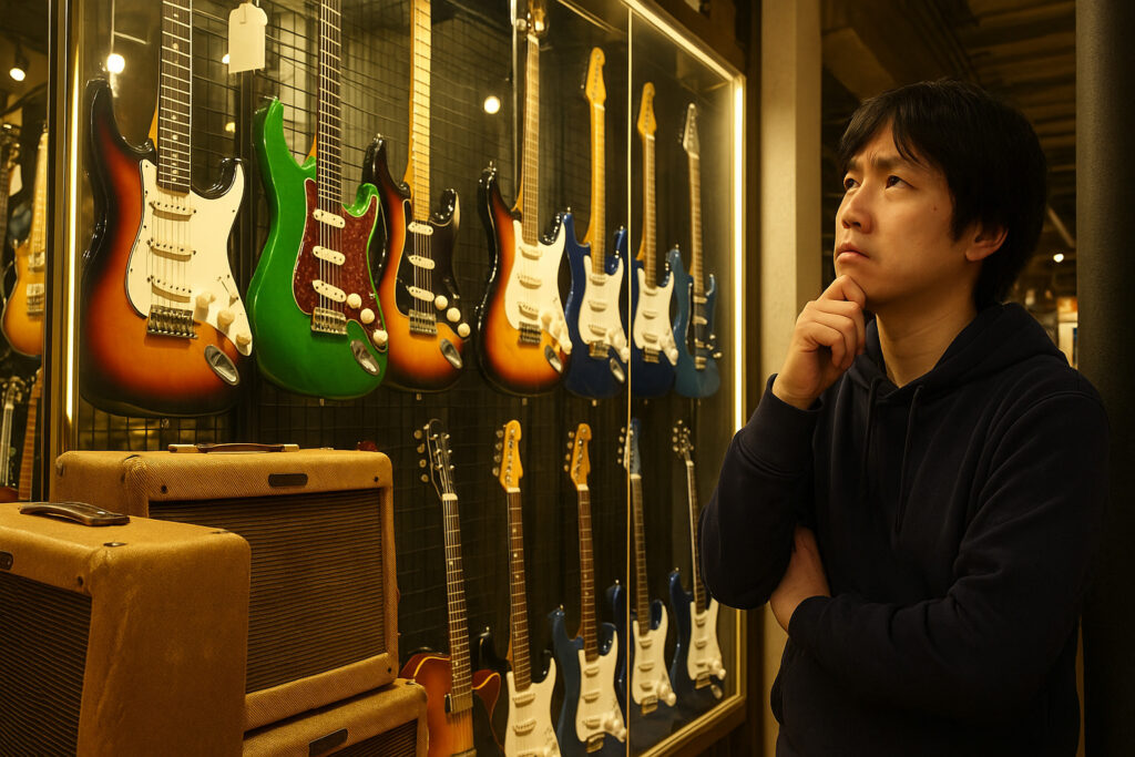 ヴィンテージギターが並ぶショーウィンドウを前に、検索サイトと価格比較をするギタリスト