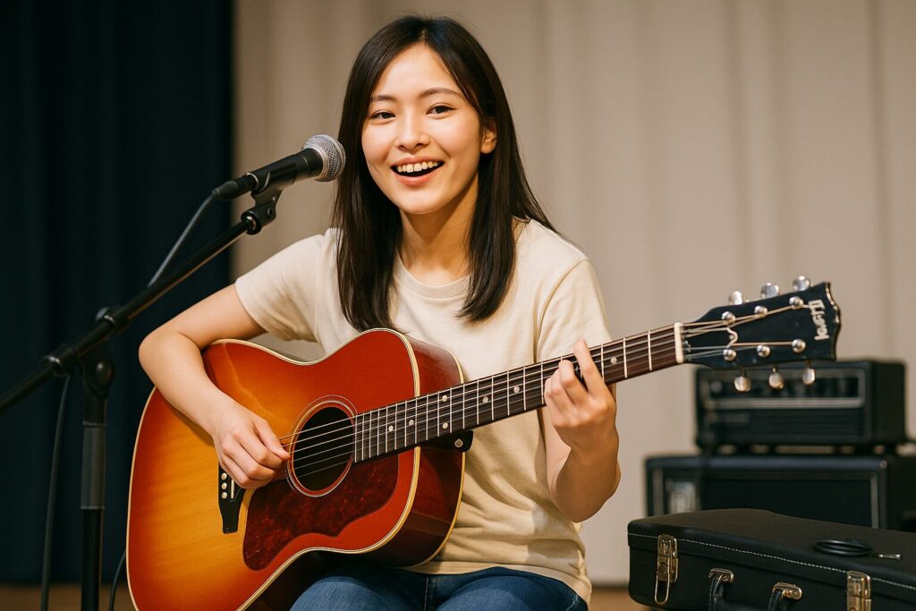 TSAロック付きギターケースのおかげでステージで笑顔で演奏する女性ギタリスト