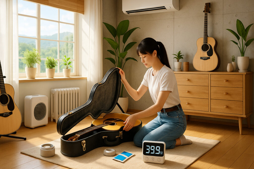 アコースティックギターに適した室内環境を整えて保管するギタリスト