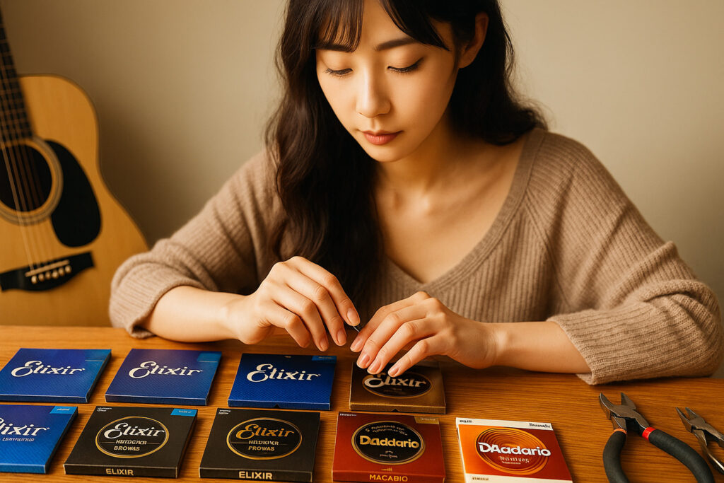 アコースティックギター弦をブランド別に丁寧に比較しながら吟味する