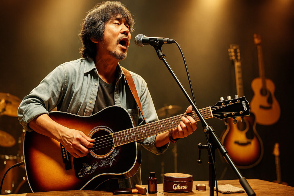 LG-1を奏でながら熱唱する男性アーティストのライブ