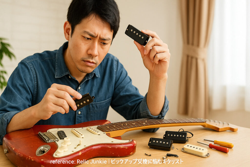 エレキギターのピックアップを比較して悩むリペアマン