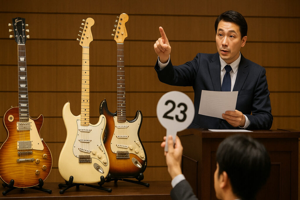 競売人がギターオークションで手を挙げて価格を読み上げる中、参加者が番号札を掲げて入札している