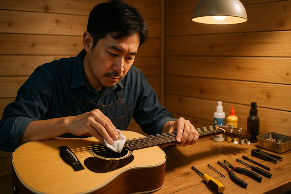 アコースティックギターをメンテナンスする真剣な表情の日本人技術者