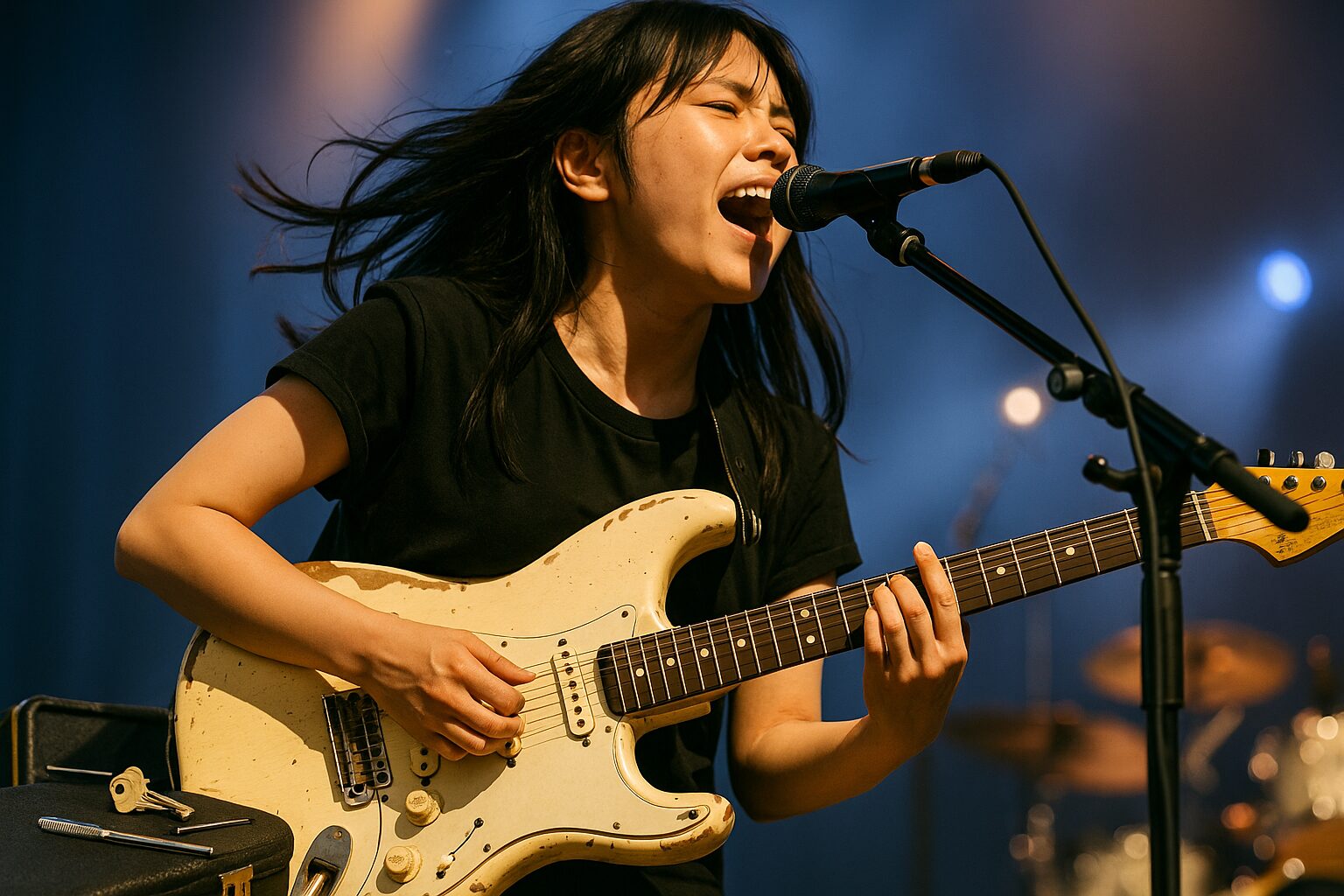 ギターハードケースの鍵トラブルを乗り越え、ステージで熱唱する女性ギタリスト