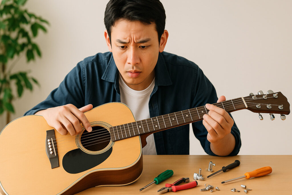 ギターを手に持ち、真剣な表情で状態を確認するリペアマン