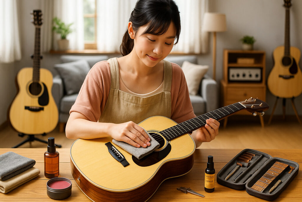 ギタークロスでアコースティックギターを優しく磨く