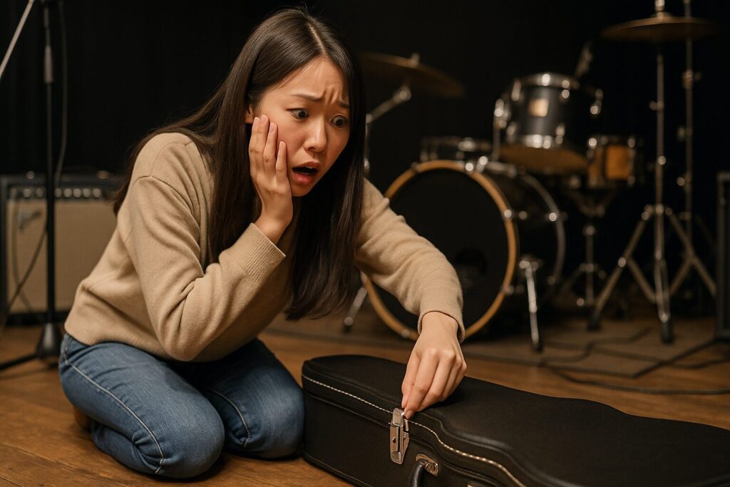ギターケースの鍵が開かずに焦っている若い女性ギタリスト