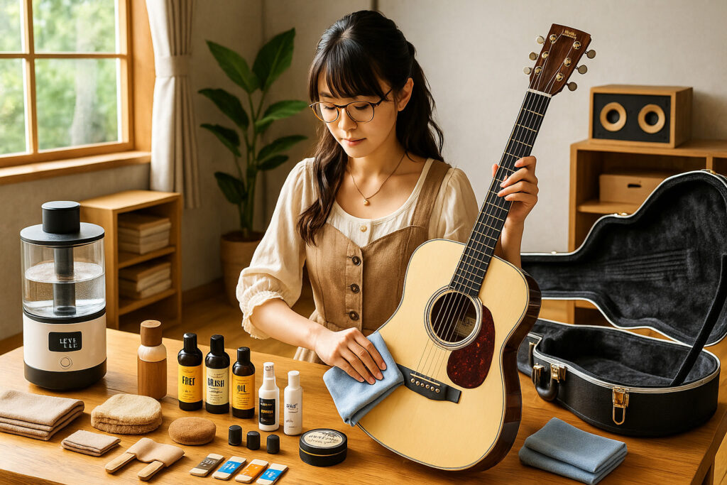 ギター保管前にメンテナンス用品を使って丁寧に手入れする
