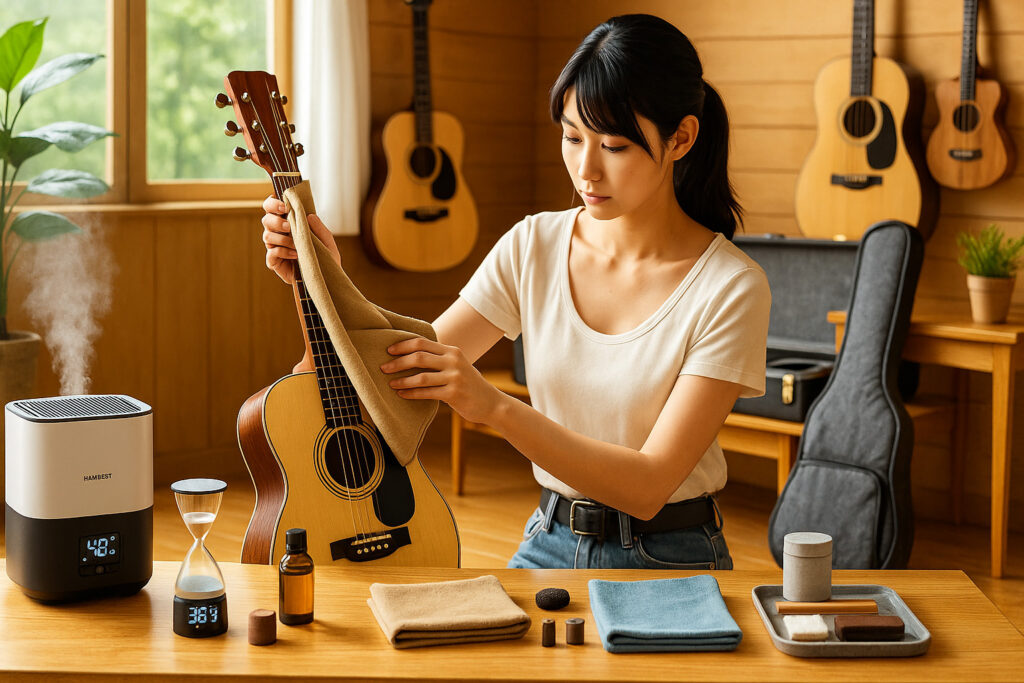 ギターのネックを丁寧に拭きながら日常の変形防止ケアを行う