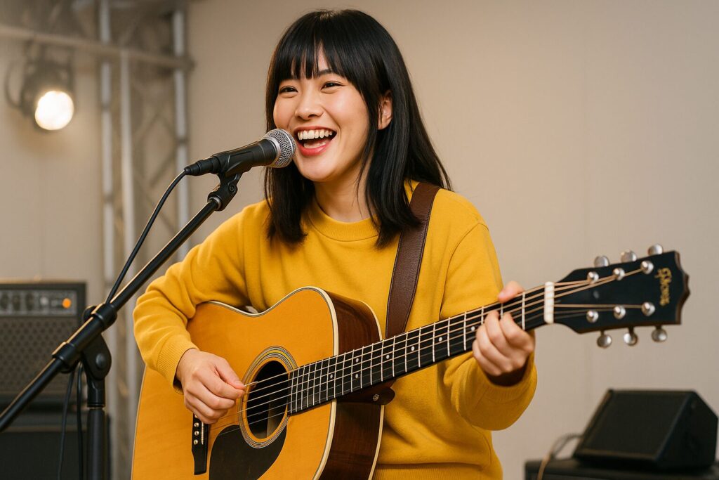 ギターケースの鍵を再発行してもらい、ステージで安心して演奏する女性ギタリスト