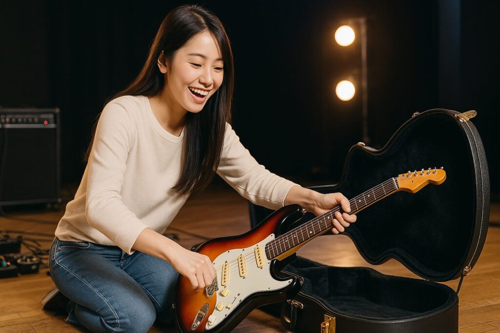 ギター用ハードケースを開錠し、ギターを取り出して笑顔を見せるギタリスト