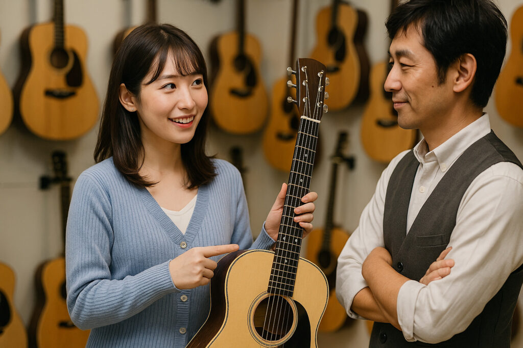 ギターショップでスタッフと話しながらLG-1を手にする若い女性