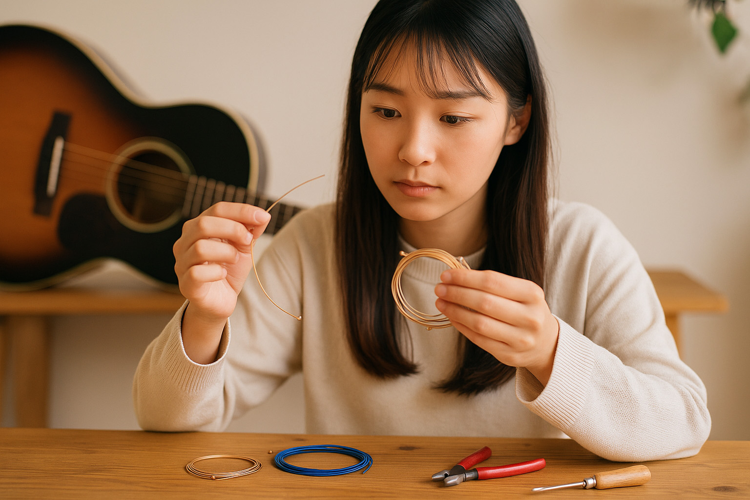 altテキスト：ギブソンJ-45に合う弦を選定している女性ギタリスト