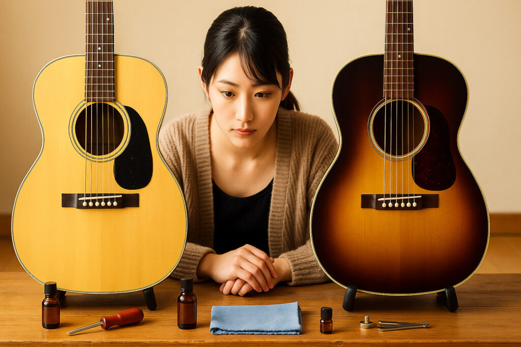 ギブソンLG-1とLG-2を見比べて真剣に観察する女性ギタリスト