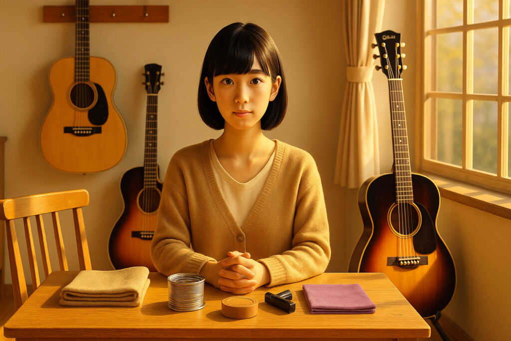 ヴィンテージのLG-1を背景にギターケア用品の前に静かに座る女性