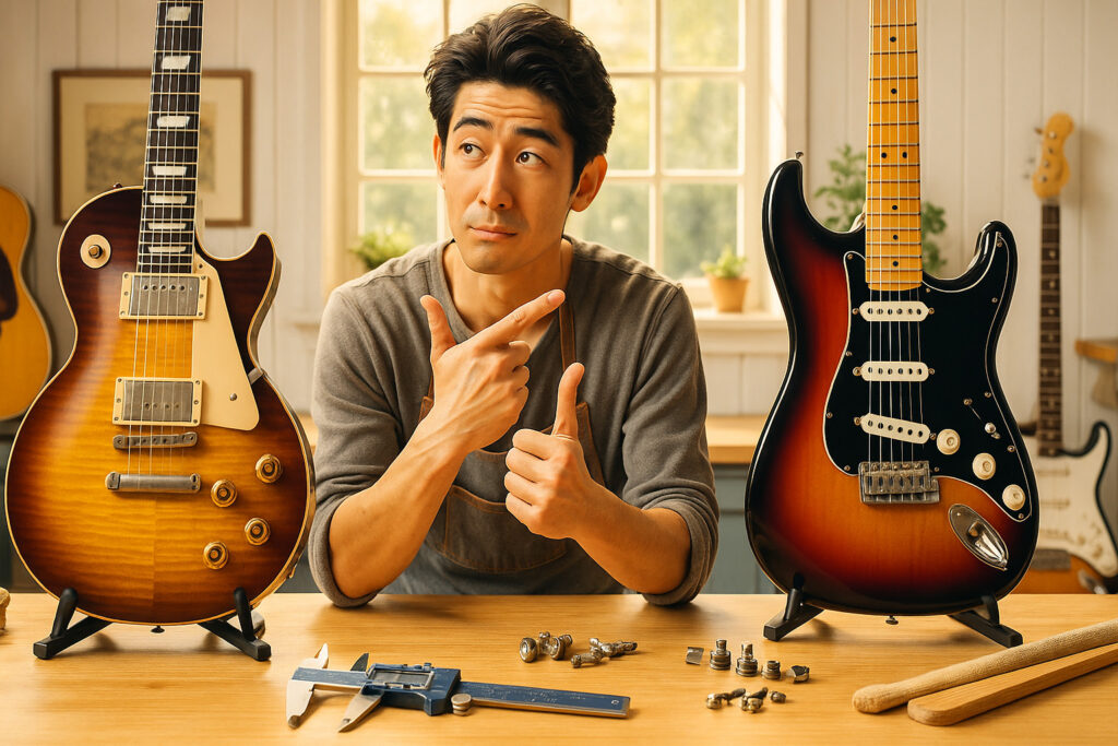 ギブソンとフェンダーの価格傾向を比較する若いギタリスト