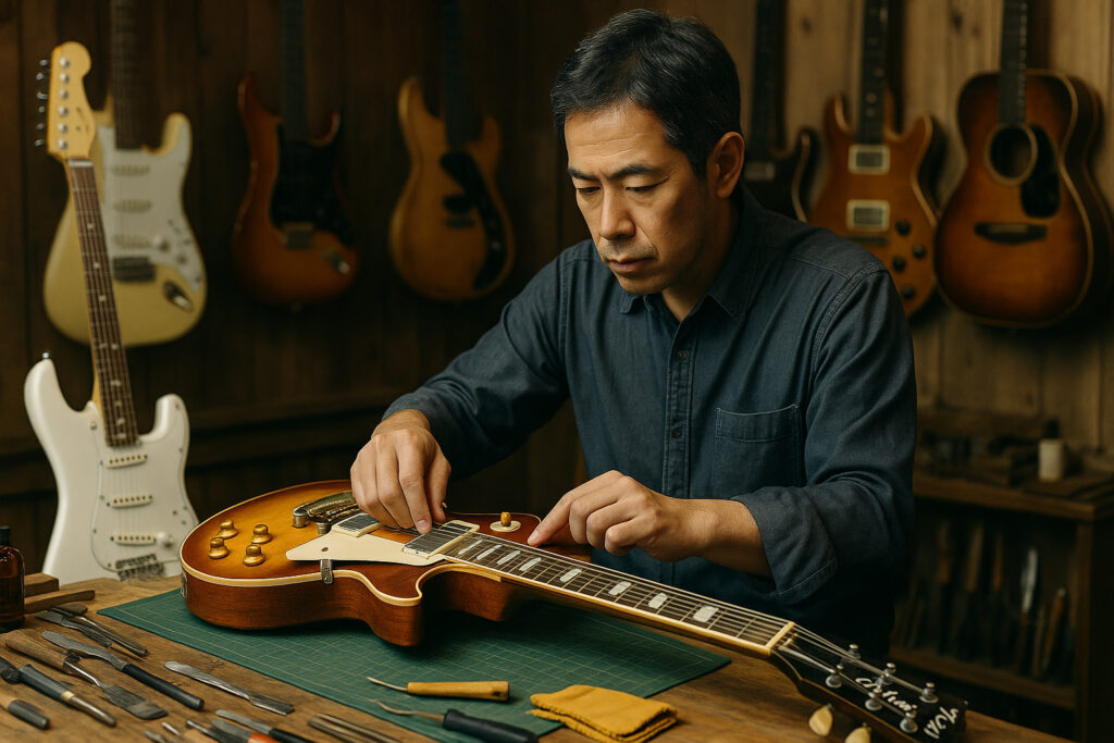 Tokaiレスポールを整備する中年の職人