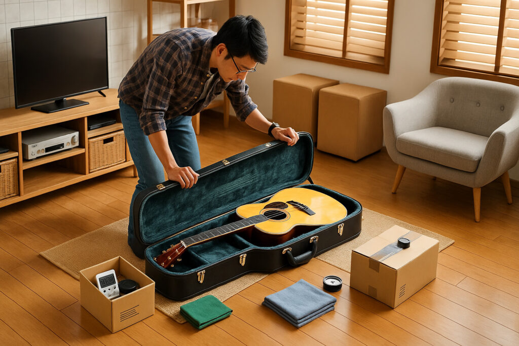 スタンドを使わずギターをハードケースにしまう慎重なギタリスト