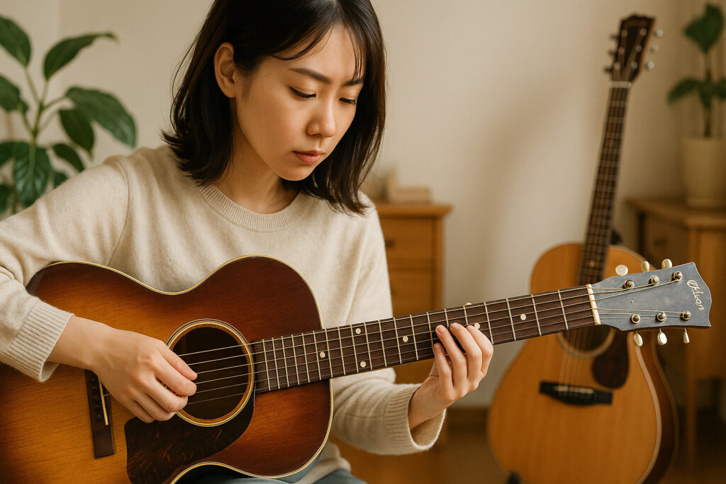 Gibson LG-1を指弾きで確かめる女性の演奏シーン