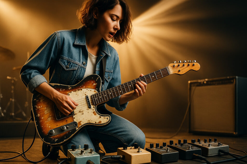 レリック加工のテレキャスターでサウンドを作り込む女性ギタリストの演奏シーン